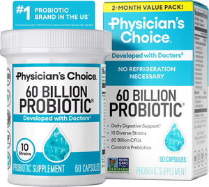 Physician's CHOICE Probióticos 60 mil millones de UFC – 10 cepas + prebióticos orgánicos